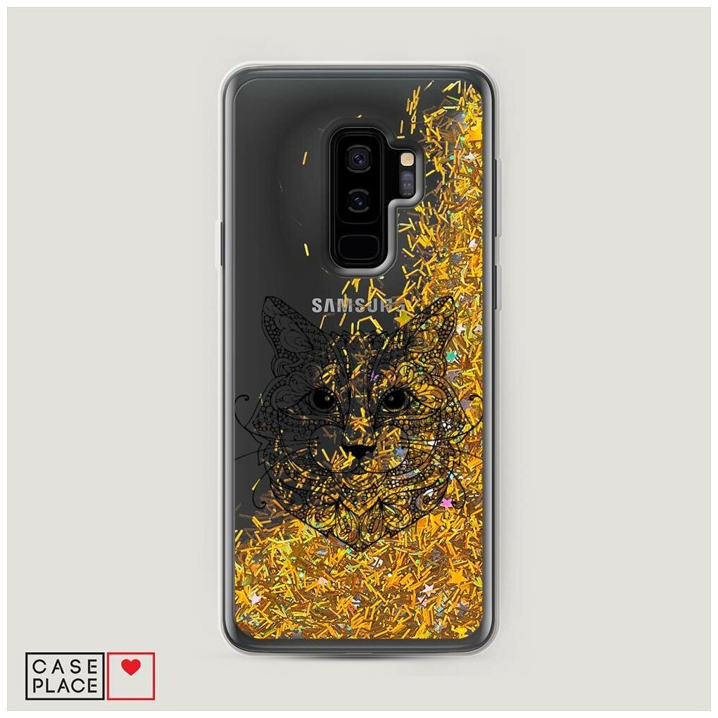 Жидкий чехол с блестками "Кот мандала" на Samsung Galaxy S9 + / Самсунг Галакси С9 Плюс