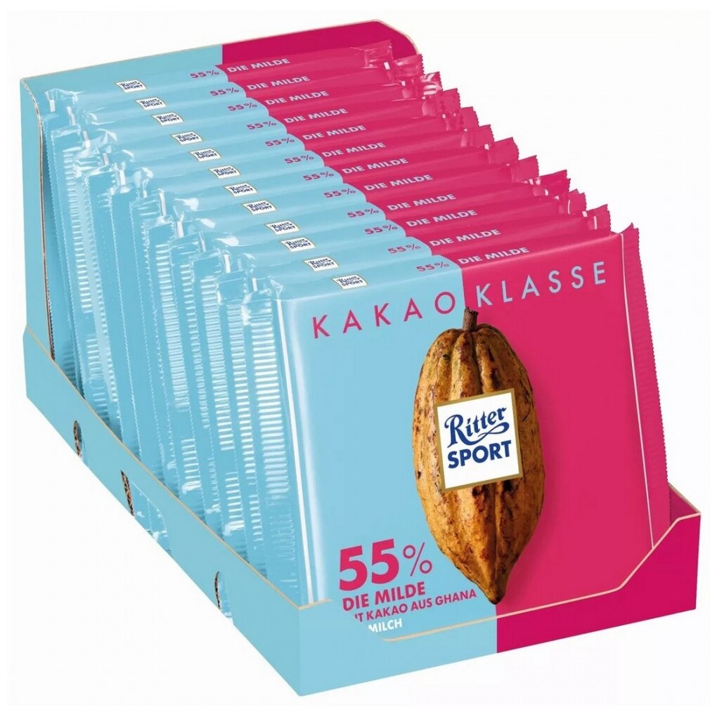 Упаковка 12 штук Шоколад Ritter Sport EXTRA COCOA молочный 55 процентов какао 100г Германия - фотография № 1