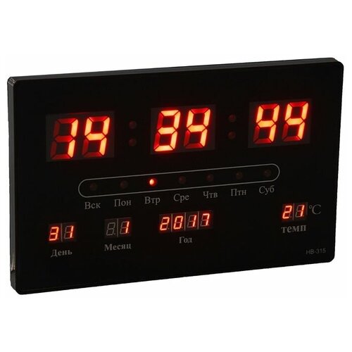 Часы электронные настенные, будильник, календарь, термометр, 20 х 3 х 33 см, от сети, красные 141879
