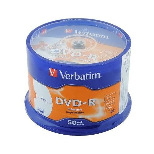 фото Verbatim диски dvd-r verbatim 16x 4.7gb cakebox 50шт printable 43649 43533