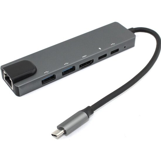 Адаптер VB Parts Type C на HDMI, USB 3.0*2 + RJ45 + Type C*2 серый