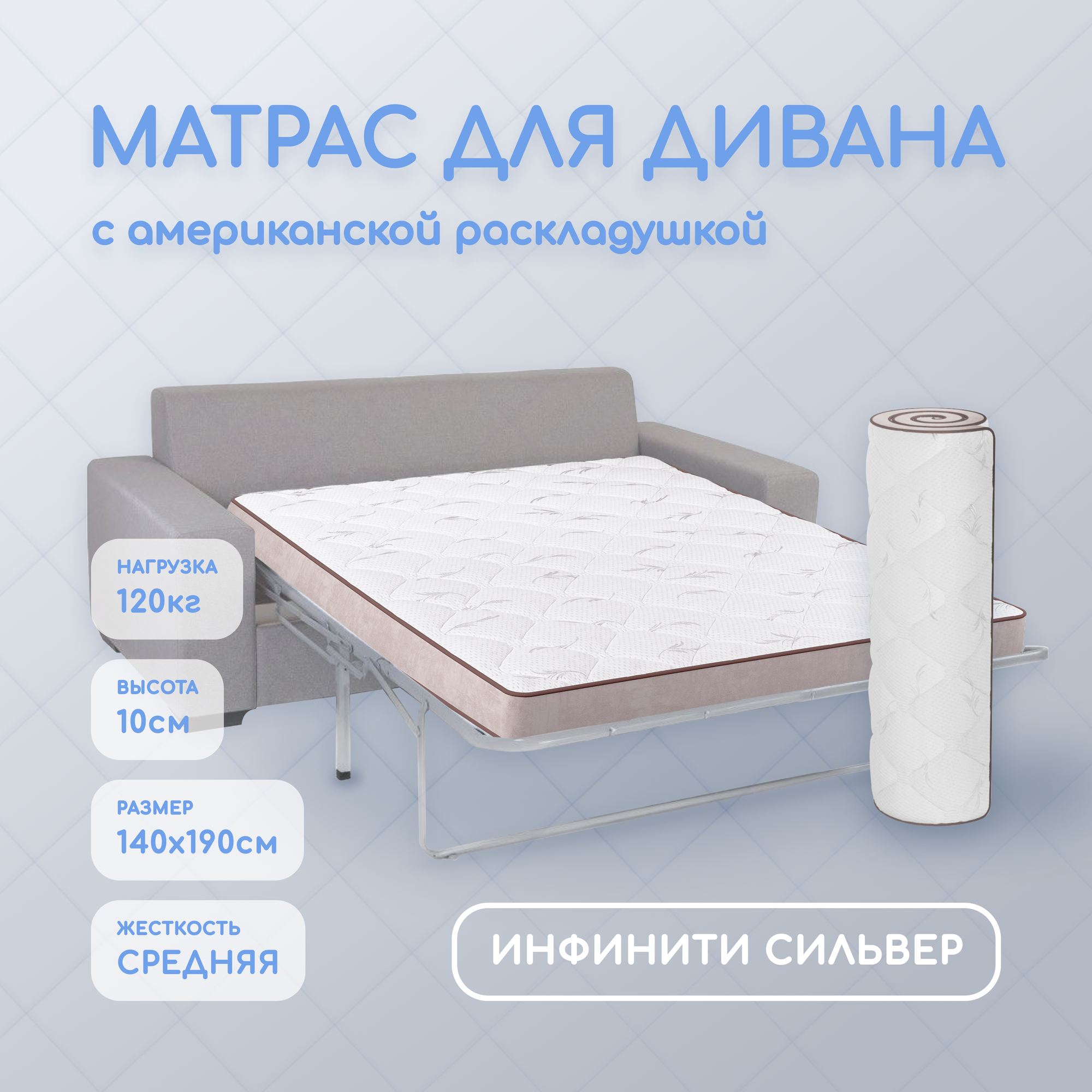 Матрас для дивана с американской раскладушкой 140х190х10, анатомический Инфинити Сильвер, беспружинный