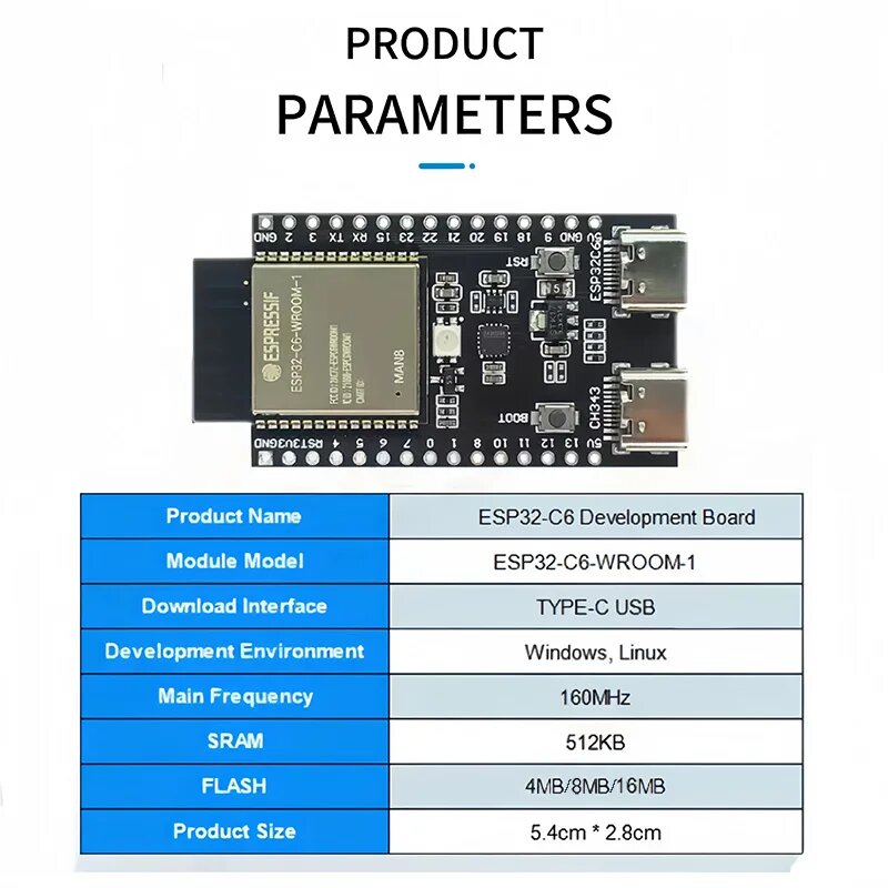 ESP32-C6 ESP32 WiFi + Bluetooth Интернет вещей Dual Type-C макетная плата ESP 32 Core Board ESP32-C6-DevKit C для Arduino, ESP32-C6-WROOM-1-N16 — фото 1