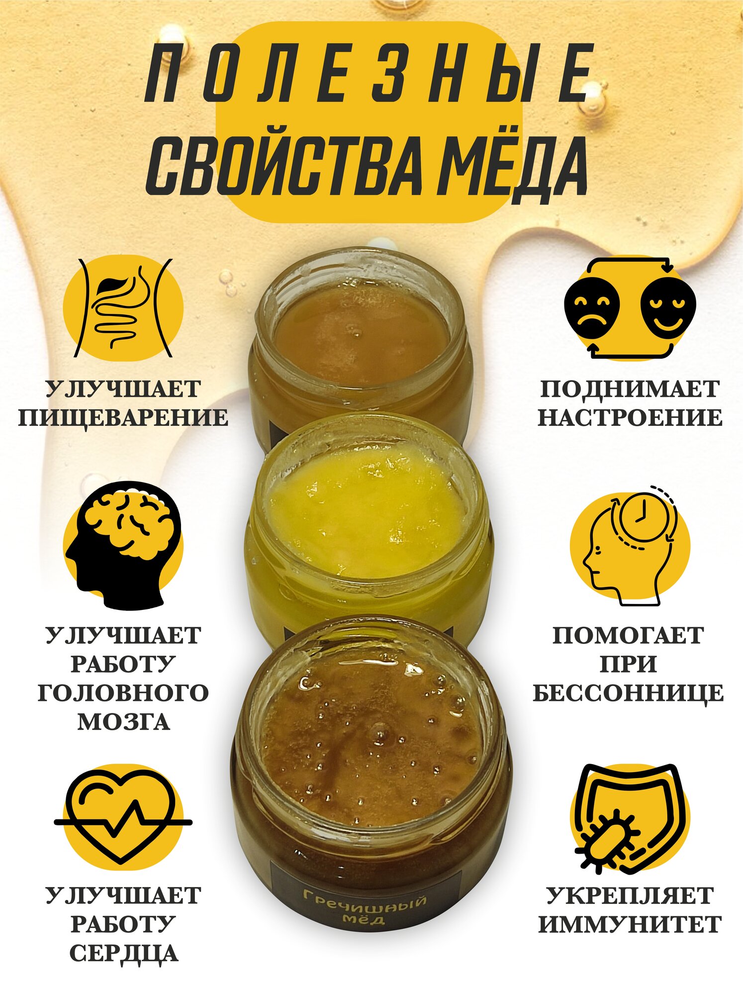 Набор Башкирского мёда, цветочный, гречишный и подсолнечный, 3 банки по 150г, ГОСТ — фото 1