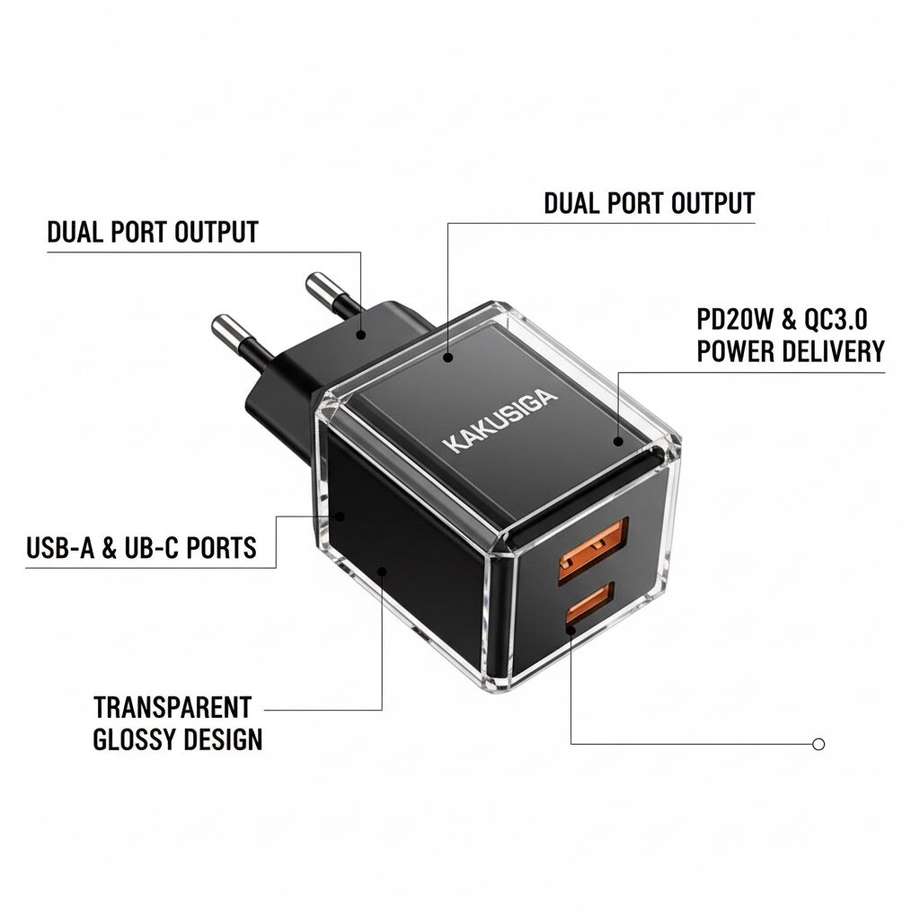 Адаптер питания Kakusiga, для быстрой зарядки PD20W, QC3.0, USB Type-A, Type-C, черный