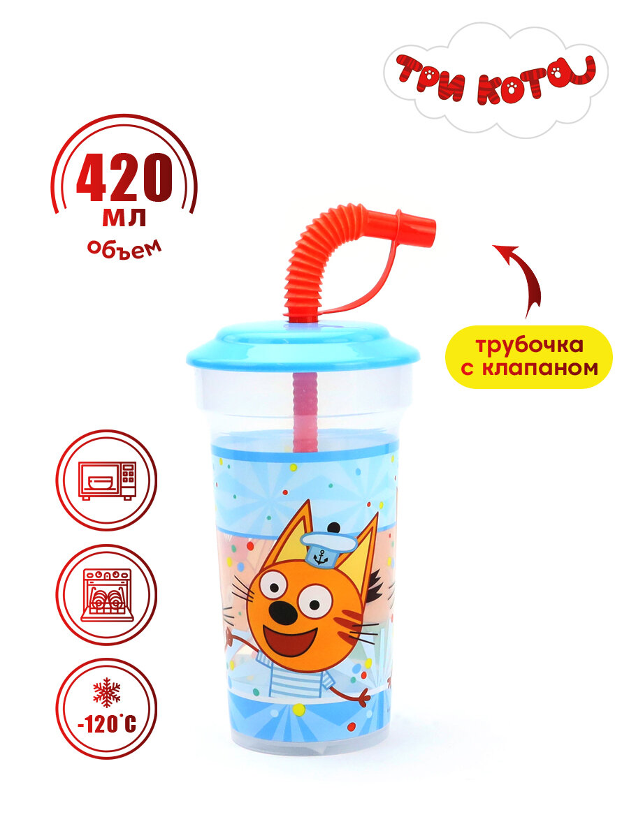 Пластиковый стакан с крышкой Поильник с трубочкой 420 мл Три кота дизайн 3 ND Play