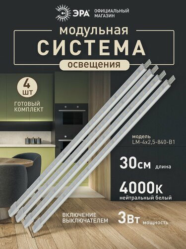 Изображение товара Светильник линейный светодиодный накладной ЭРА LM-4x2,5-840-B1 модульный 4х2,5 Вт 4000К 120см (4штх30см)