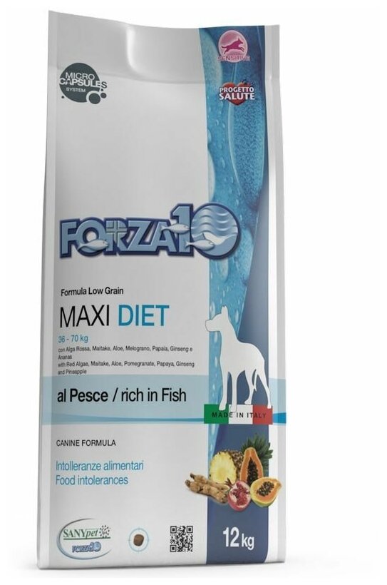 Сухой корм для собак Forza10 Diet Maxi при чувствительном пищеварении, гипоаллергенный, рыба 12 кг (для крупных пород) - фотография № 2