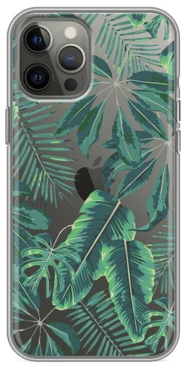 Полупрозрачный дизайнерский силиконовый чехол для Айфон 12 Про Макс / Iphone 12 Pro Max Зеленые листья