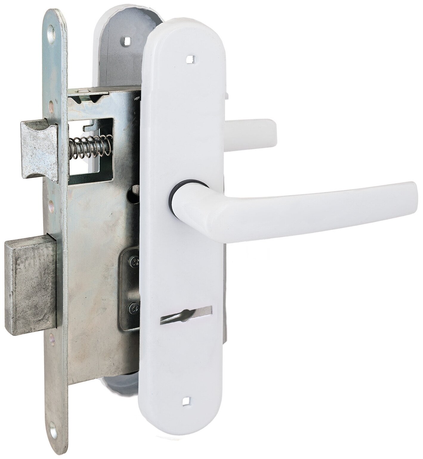 фото Врезной замок с ручками для деревянных дверей, расстояние 55 мм Птимаш ЗВ9-4.08 белый