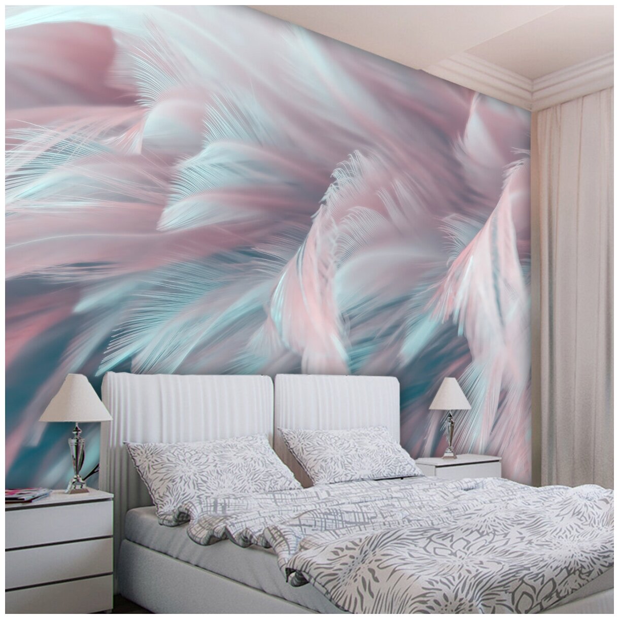 Фотообои флизелиновые с виниловым покрытием VEROL "Розовые перья", 400х283 см, моющиеся обои на стену, декор для дома