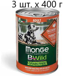 Фото Влажный корм для собак Monge Dog BWILD Grain Free Adult TACCHINO, беззерновой, индейка, с тыквой, с цукини