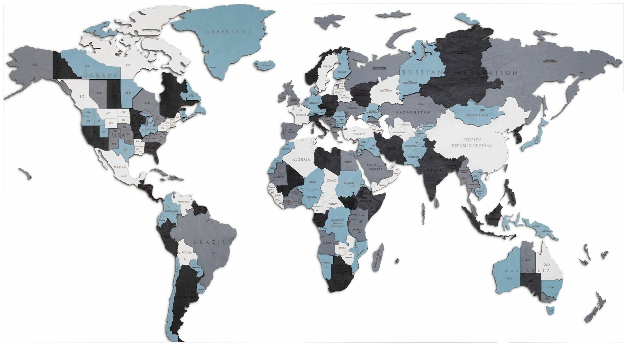 EWA Деревянная Карта Мира настенная, объемная 3 уровня, размер L (192x105 см), цвет дымчатый