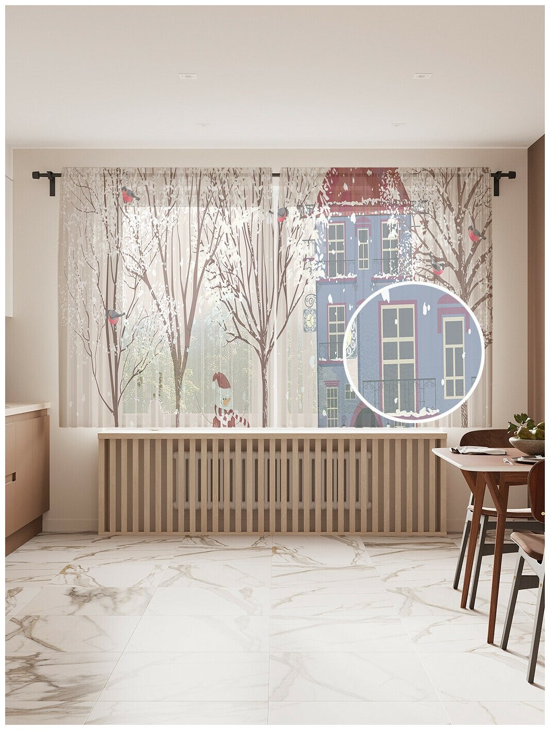 Тюль для кухни и спальни JoyArty "Снеговик во дворе", 2 полотна со шторной лентой шириной по 145 см, высота 180 см.
