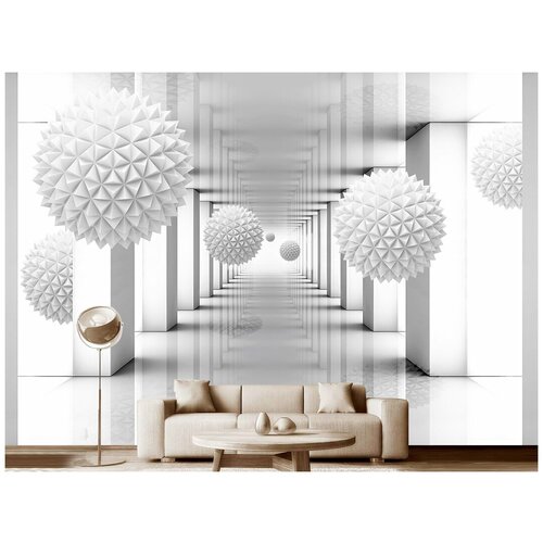 Фотообои на стену флизелиновые 3D Модный Дом Белые игольчатые шары в зале с колоннами 400x280 см (ШxВ)