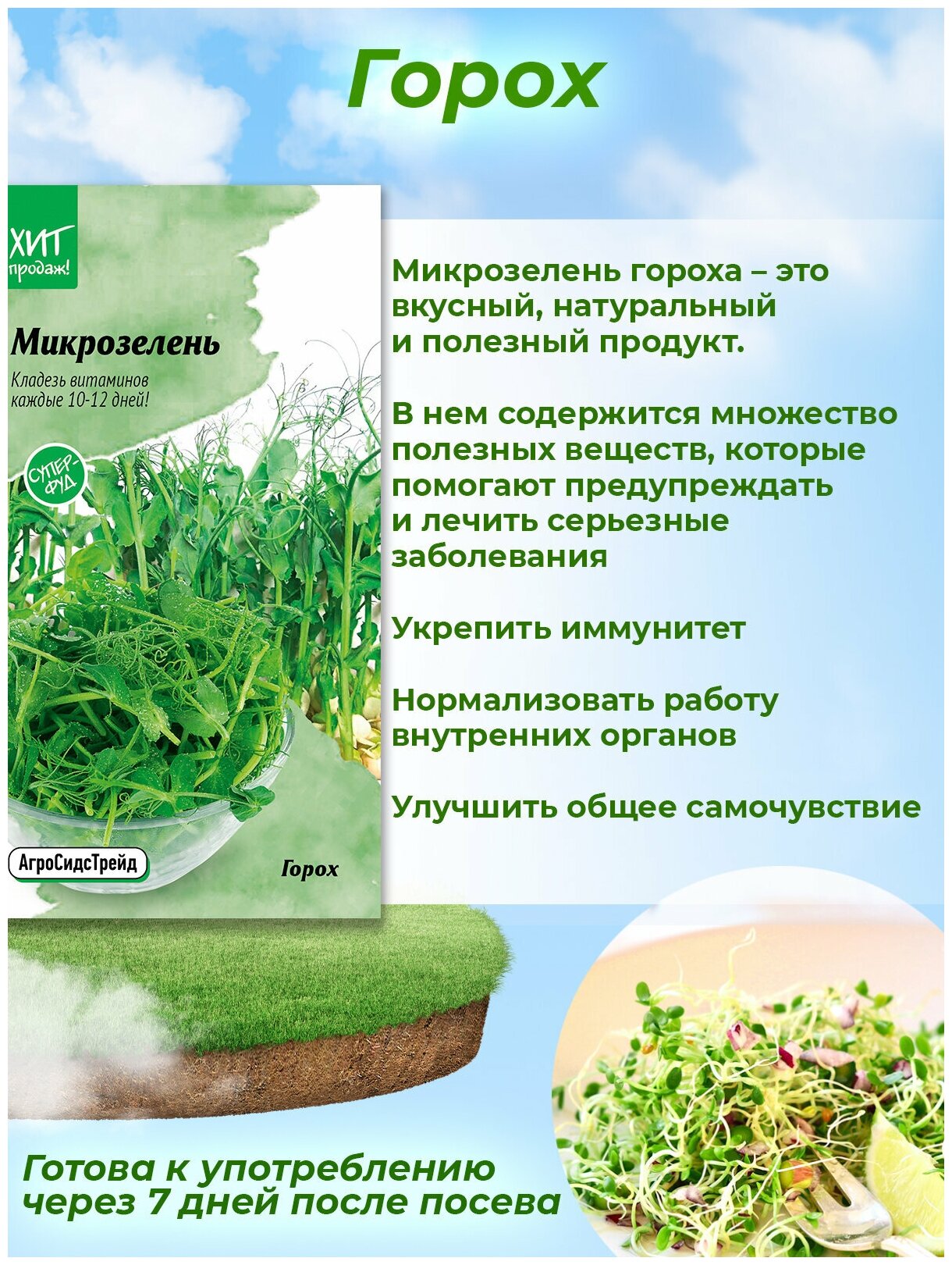 Микрозелень Горох для проращивания АСТ / семена для выращивания микрозелени / семена зелени для дома / для балкона / зелень на подоконнике