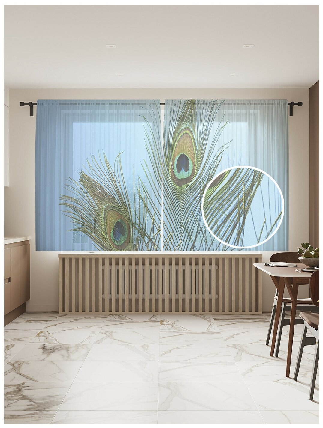 Тюль для кухни и спальни JoyArty "Солнечные перья", 2 полотна со шторной лентой шириной по 145 см, высота 180 см.