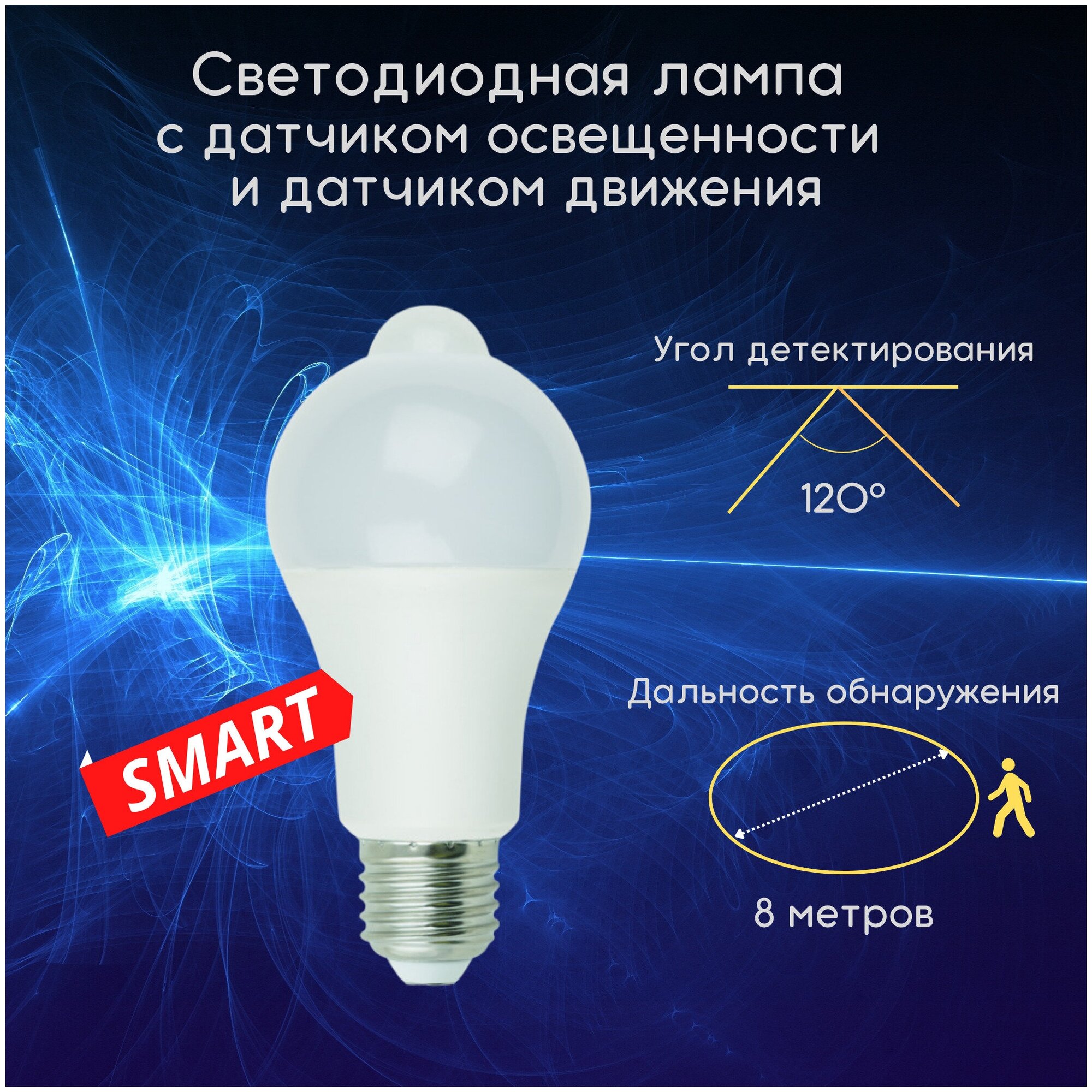 Лампа светодиодная с датчиком движения и освещенности 12 Вт Е27 4000K Умная smart лампочка для квартиры, для дома