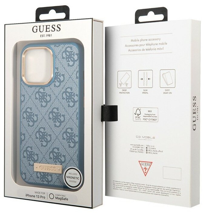 Чехол Guess PU 4G Plate metal logo Hard для iPhone 13 Pro, голубой (Magsafe)