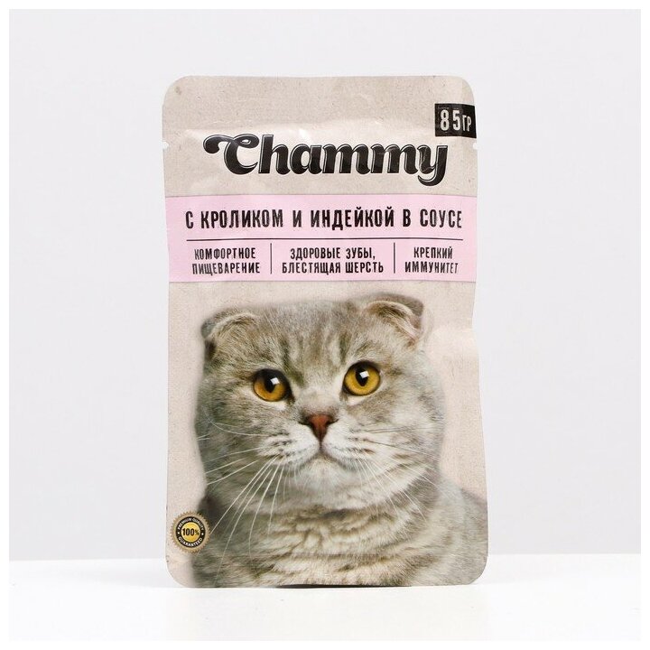 Chammy акция Влажный корм для кошек, с кроликом и индейкой в соусе, 85 г. - фотография № 2