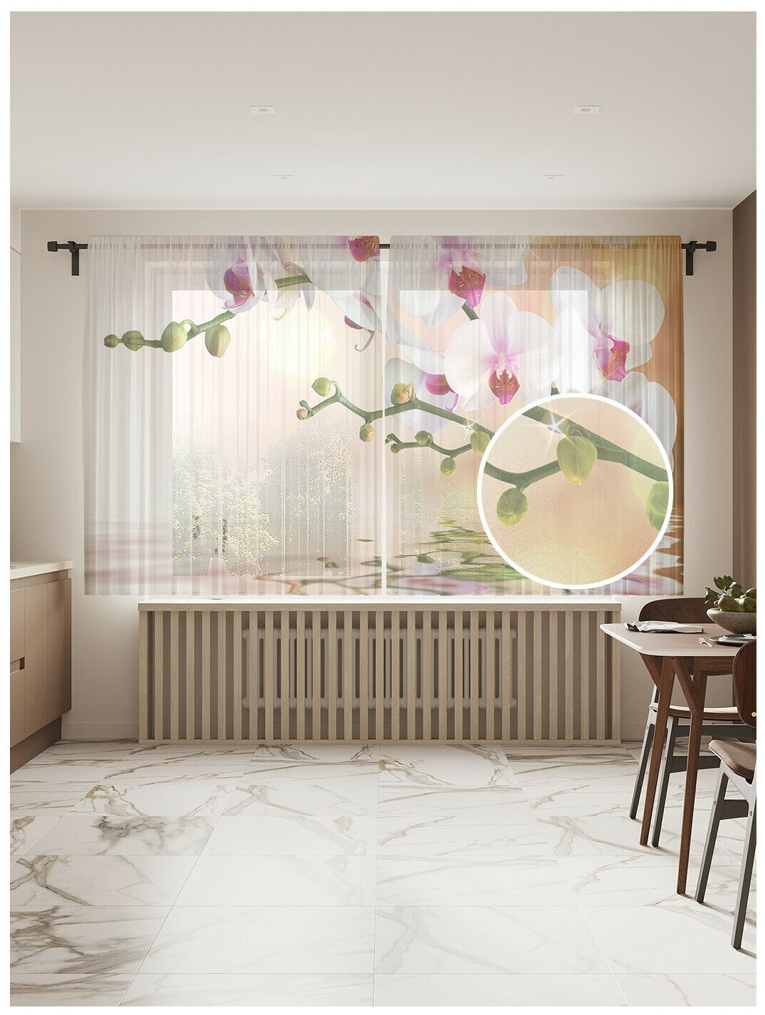 Тюль для кухни и спальни JoyArty "Нежная орхидея", 2 полотна со шторной лентой шириной по 145 см, высота 180 см.