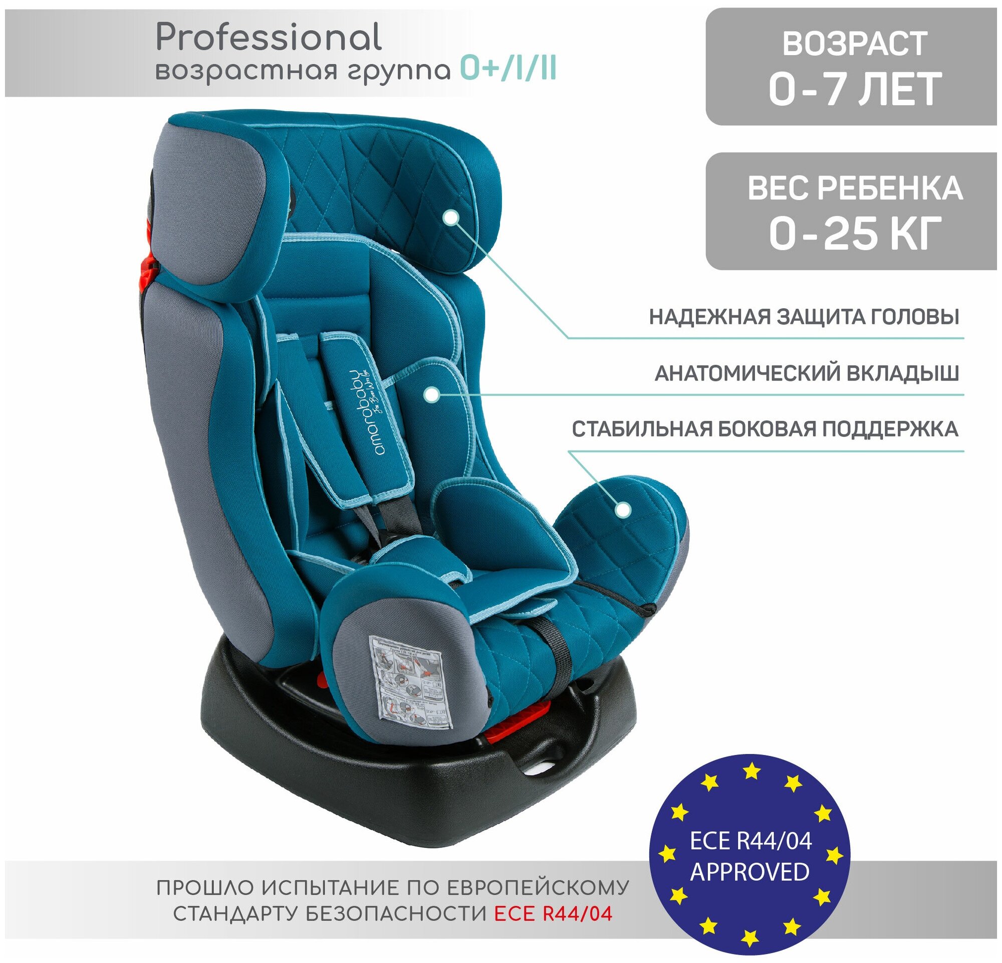 Автокресло детское AMAROBABY Professional, группа 0+/I/II, (бирюзовый)