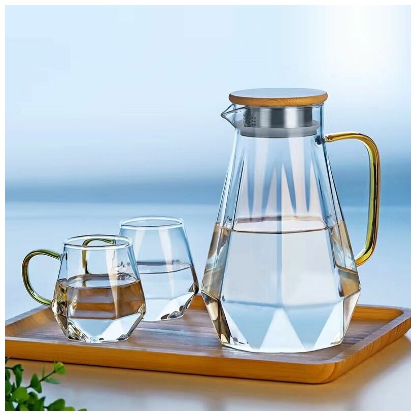 Кувшин для воды стеклянный, Formula Tepla, с металлической крышкой с накладкой из бамбука 1500 мл. — фото 1