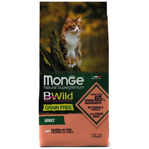 Сухой корм Monge Cat BWild GRAIN FREE для кошек, из лосося, беззерновой, 1,5 кг.