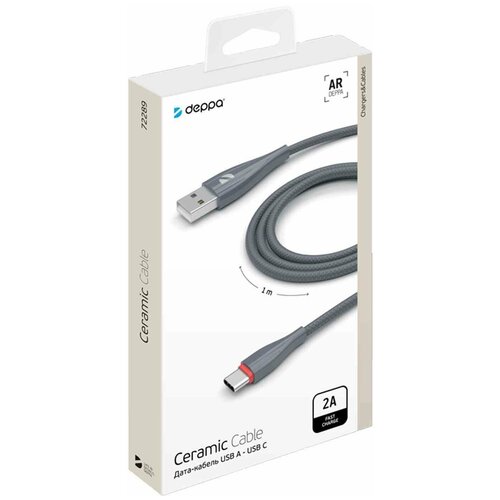 Дата-кабель Ceramic USB - USB-C, 1м, серый, Deppa 72289 дата кабель moon type c type c 1 5м 100w 5a черный угловой deppa deppa 72538