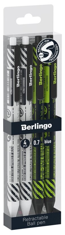 Ручка шариковая синяя автоматическая Berlingo "Tech it" круглая 0,7 мм / набор из 4 шт / для школы и офиса