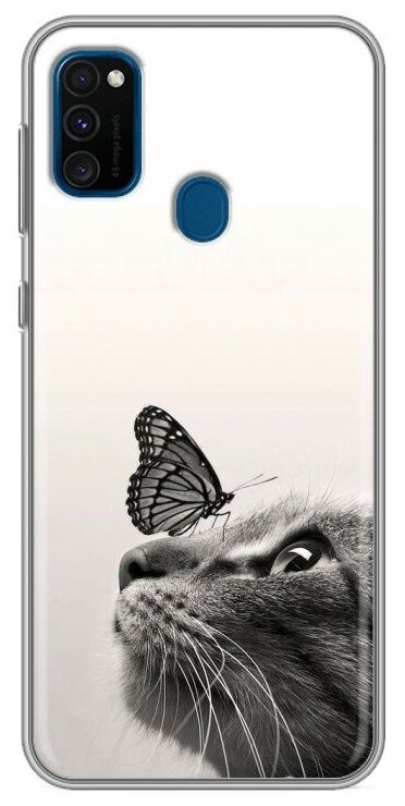 Дизайнерский силиконовый чехол для Самсунг Гэлакси М21 / Samsung Galaxy M21 Кот и бабочка
