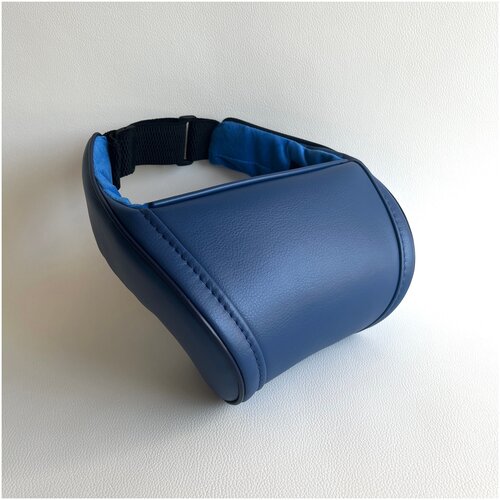Синяя автомобильная ортопедическая подушка для шеи на подголовник на сиденье. Экокожа премиум класса.