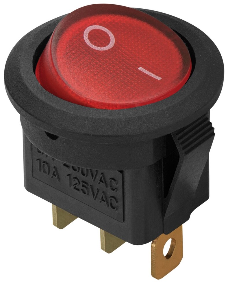 Выключатель клавишный красный с подсветкой вкл-выкл 3 контакта 250В 6А круглый duwi 26848 2 - фотография № 1