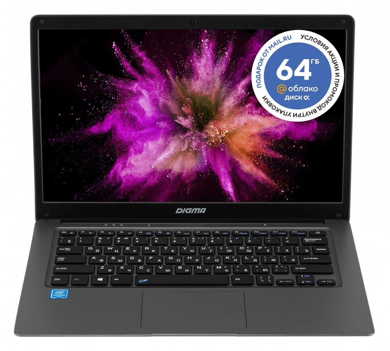 Ноутбук Digma EVE 14 C420 Celeron N4020 4Gb eMMC128Gb Intel UHD Graphics 600 139 TN HD 1366x768 Windows 10 Home Single Language 64 dkgrey WiFi BT Cam 5000mAh