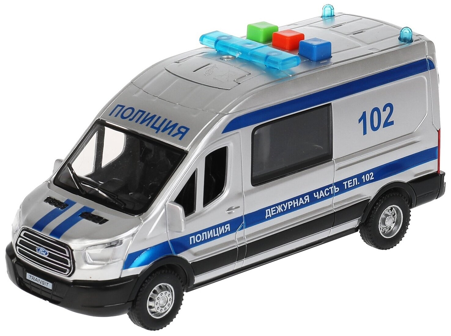 Модель машины Технопарк Ford Transit, Скорая/Полиция, инерционная, в коробке, TRANSITVAN-16PLPOL-SR (315775)