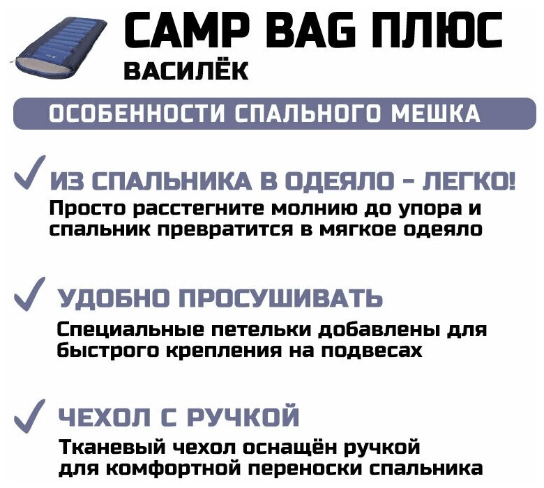 Спальный мешок одеяло Prival Camp bag плюс синий/василек, t extr -5 °С, 220х95, молния справа