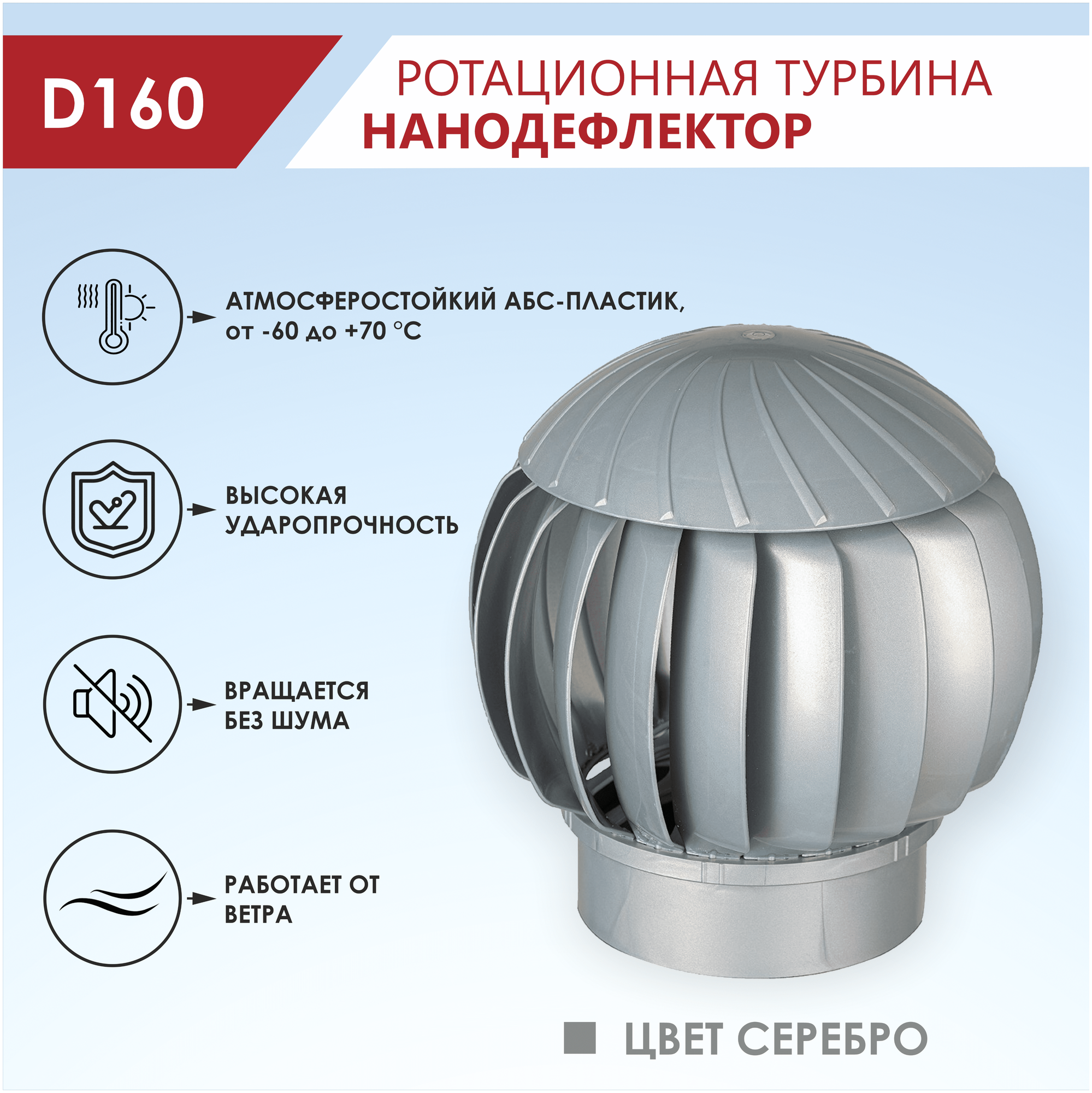 Ротационная вентиляционная турбина Нанодефлектор РВТ-160, для вытяжной и кровельной вентиляции, диаметр 160 мм, цвет серебро - фотография № 7