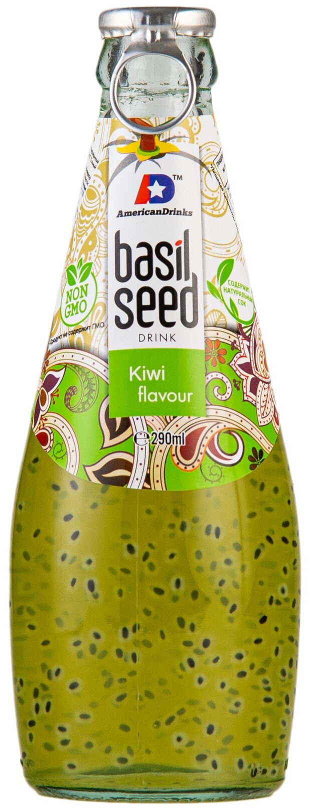 Сокосодержащий напиток American Drinks Basil Kiwi ( Сочный Киви ) стеклянная бутылка 290 мл., упаковка - 24 штуки - фотография № 2