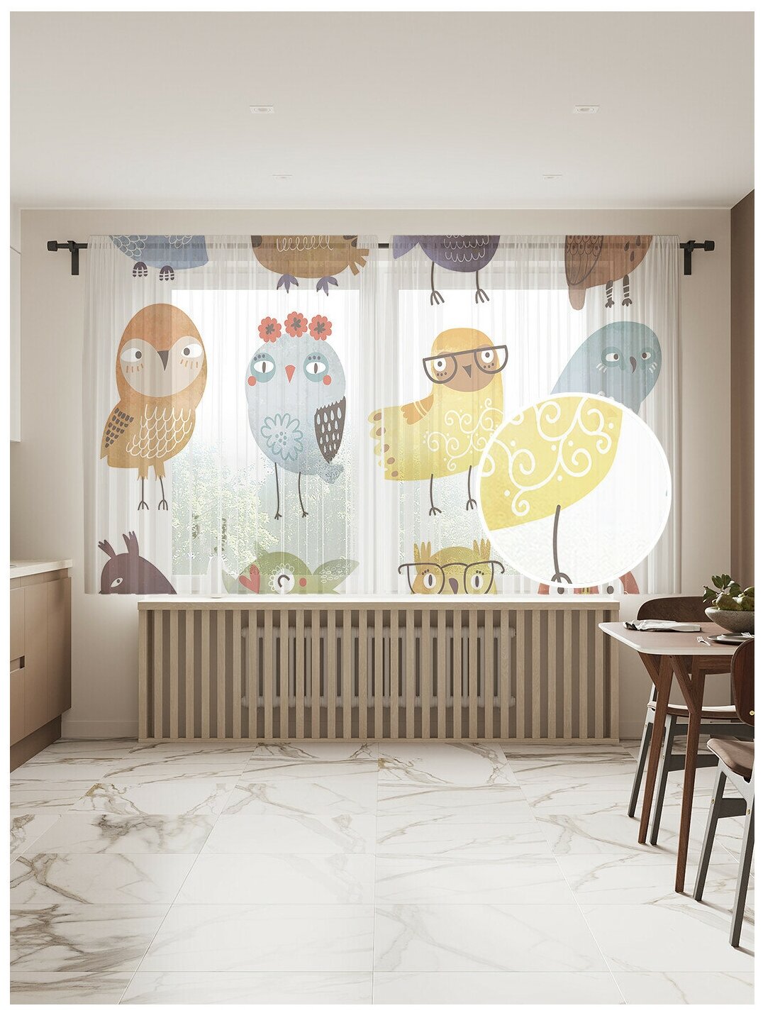 Тюль для кухни и спальни JoyArty "Разные совы", 2 полотна со шторной лентой шириной по 145 см, высота 180 см.
