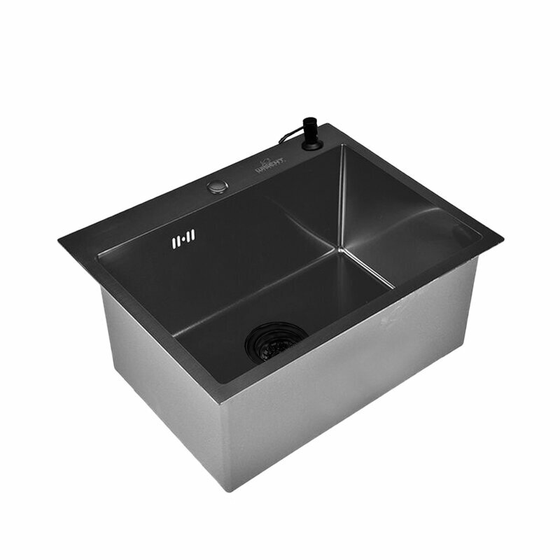 Комплект кухонная мойка из нержавеющей стали с PVD покрытием WISENT WS35848B (58х48 см) со смесителем и дозатором