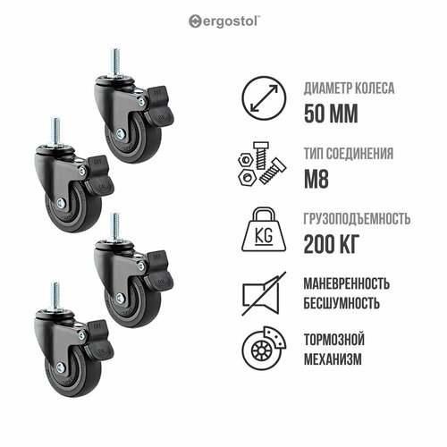 Колесные опоры (ролики для мебели) Ergostol Roll, комплект 4 шт