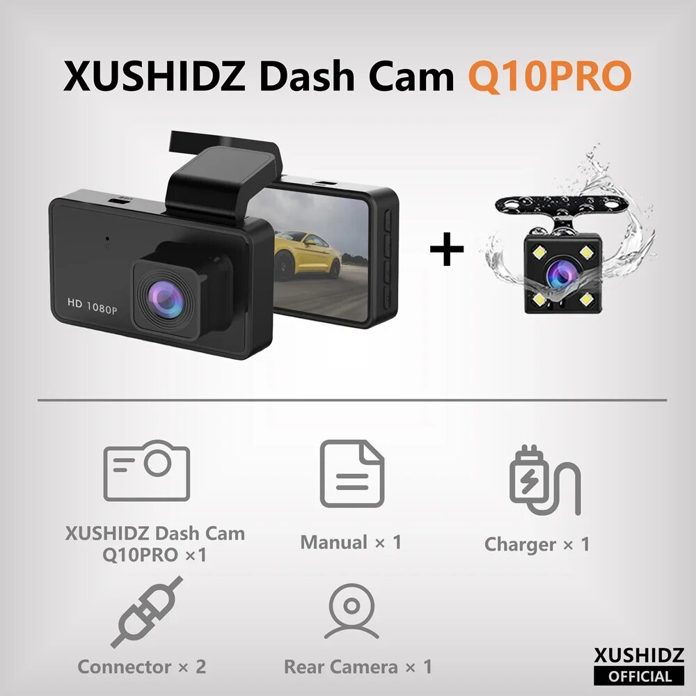 XUSHIDZ Q10 1080P Видеорегистратор Новая автомобильная видеокамера с функцией ночного видения Car DVR, регистратор транспортного средства, автомобильная камера, датчик G-силы, HDR DVR, циклическая з, Q10PRO n Rear Cam, 32 ГБ