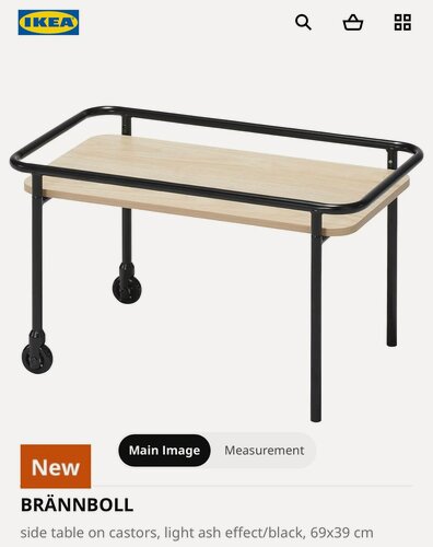 Изображение товара Приставной столик на роликах BRÄNNBOLL , эффект светлого дерева /черный, 69x39x40 см