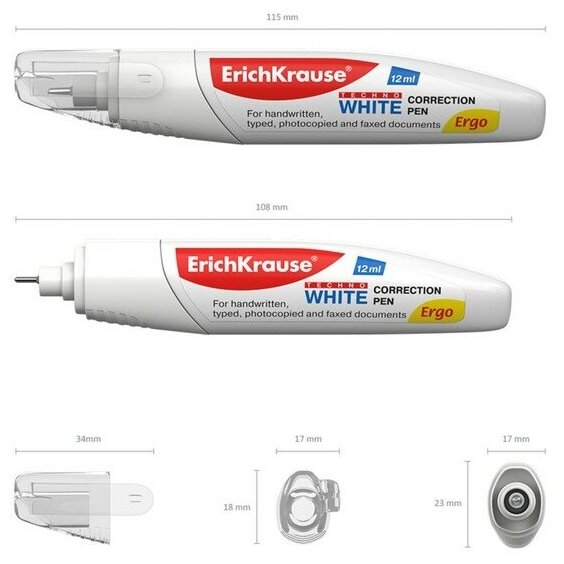 Ручка-корректор ErichKrause Techno White Ergo, 12 мл, с металлическим наконечником, в пакетике