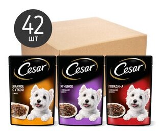 Cesar Набор паучей для собак, три вкуса (паучи желе 14шт х 85г и паучи ломтики в соусе 28шт х 85г) 10246677, 3,57 кг
