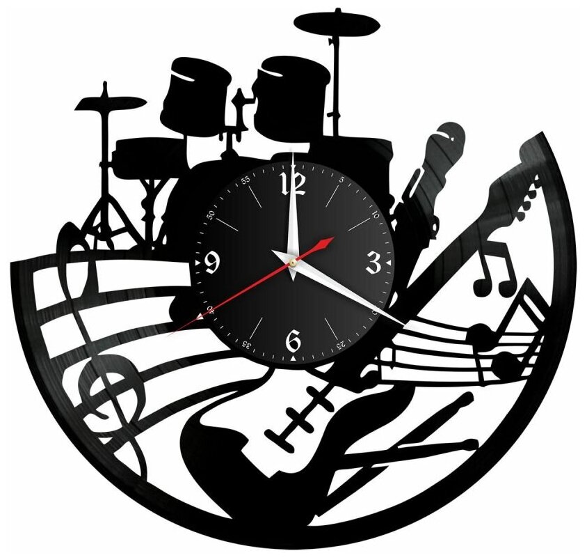 Часы из винила Redlaser "Музыка, барабаны, гитара, микрофон, ноты, муыкальный инструмент" VW-10301