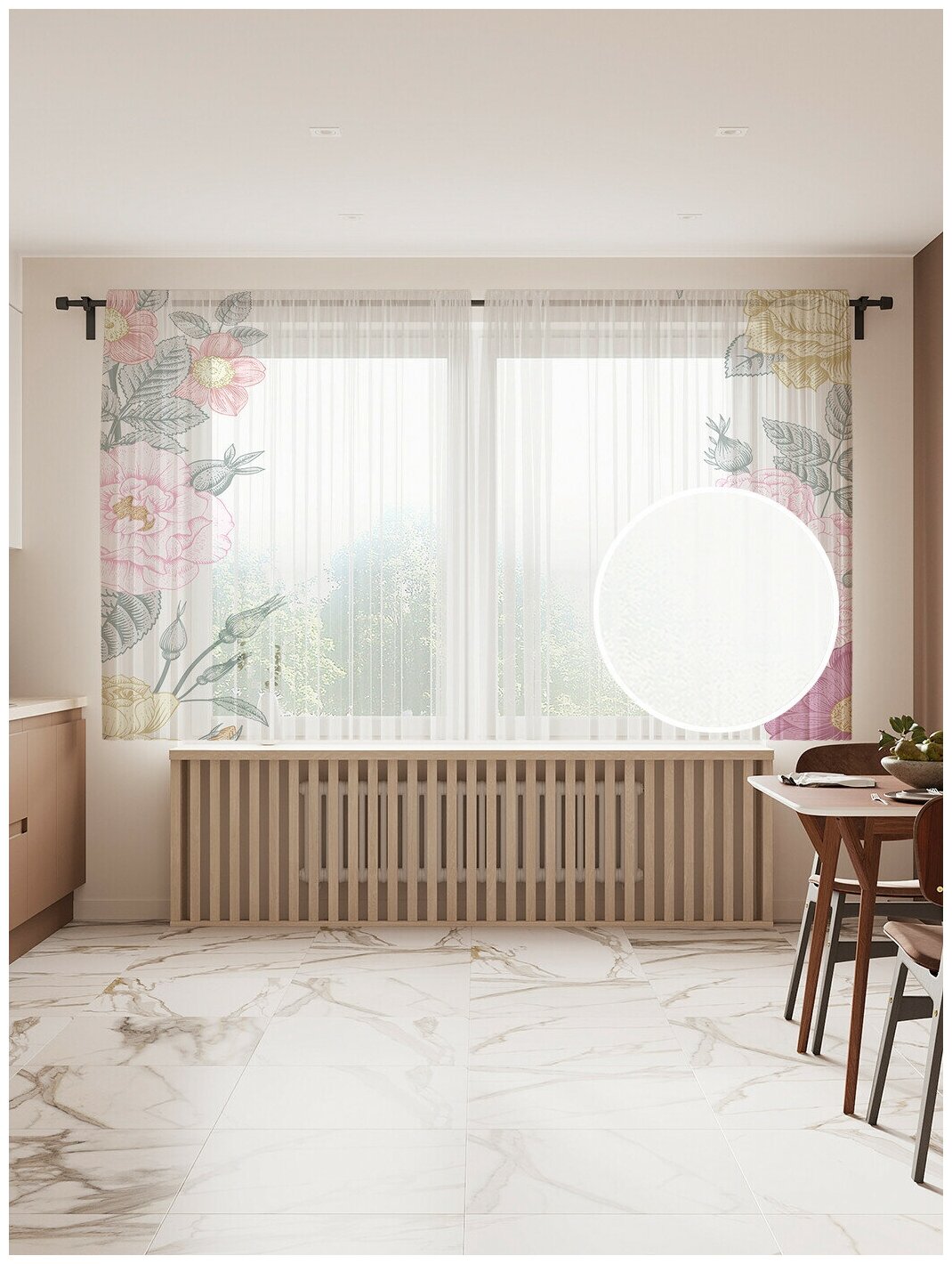 Тюль для кухни и спальни JoyArty "Цветочная рама", 2 полотна со шторной лентой шириной по 145 см, высота 180 см. - фотография № 1