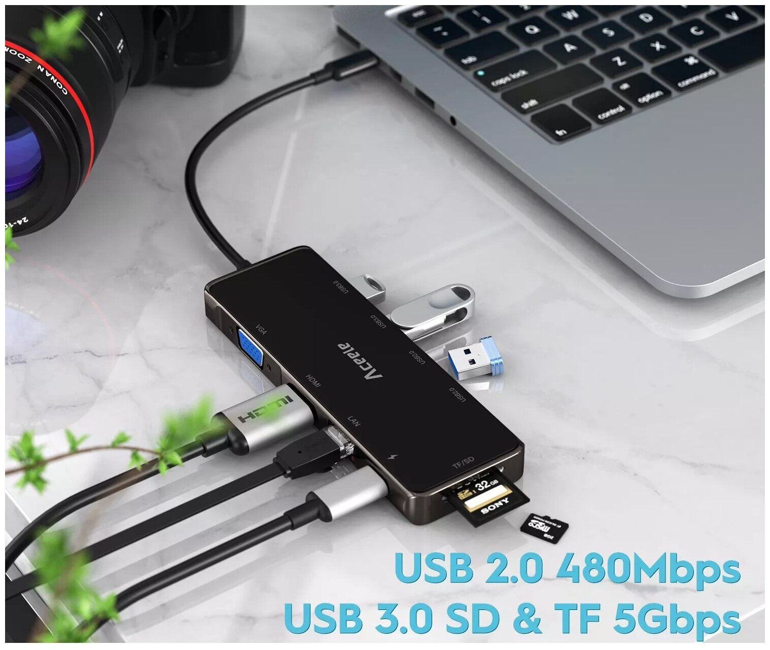 Хаб USB-концентратор ACEELE 10 в 1 (PD+VGA+HDTV+ Ethernet+TF/SD+2xUSB3.0+2хUSB2.0) Multifunctional Type-C