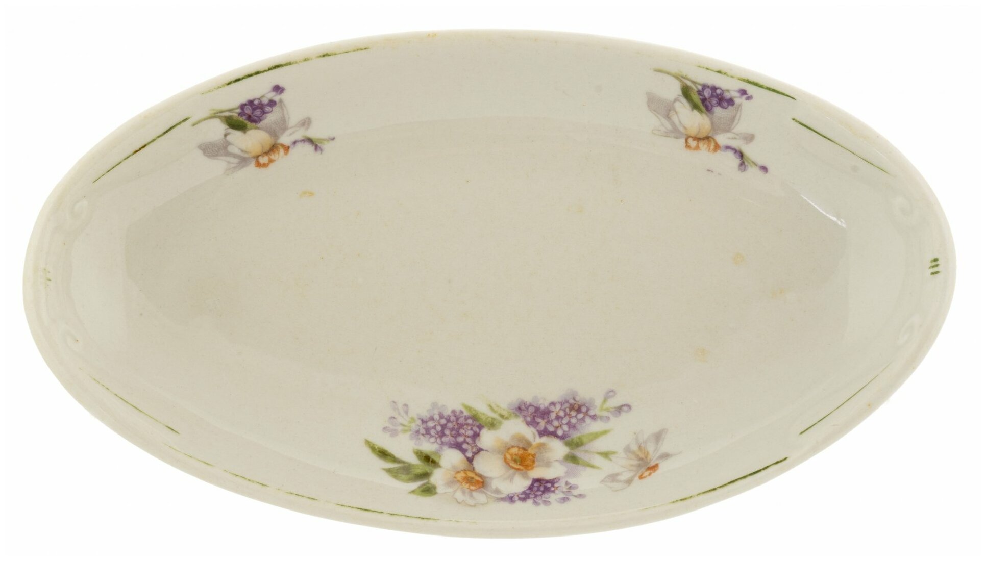 фото Блюдо овальное с цветочным декором, фарфор, деколь, Дулевский фарфоровый завод (Дулево), СССР, 1940-1946 гг.