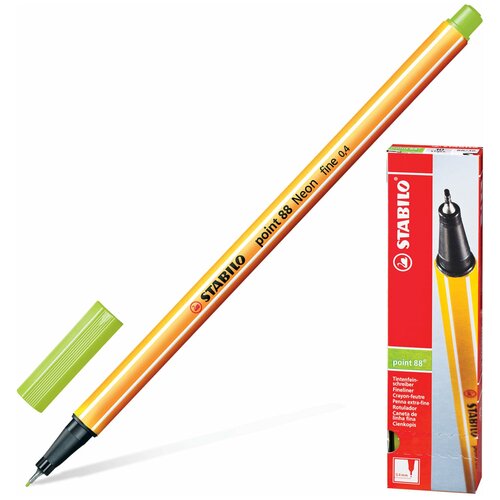 STABILO Ручка капиллярная stabilo point 88, неоновая зеленая, корпус оранжевый, линия письма 0,4 мм, 88/033, 10 шт.